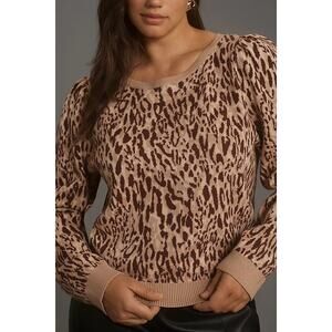 Anthropologie Maeve NWT Puff Sleeve Pullover Sweater Sz M Brown Leopard Cheetah